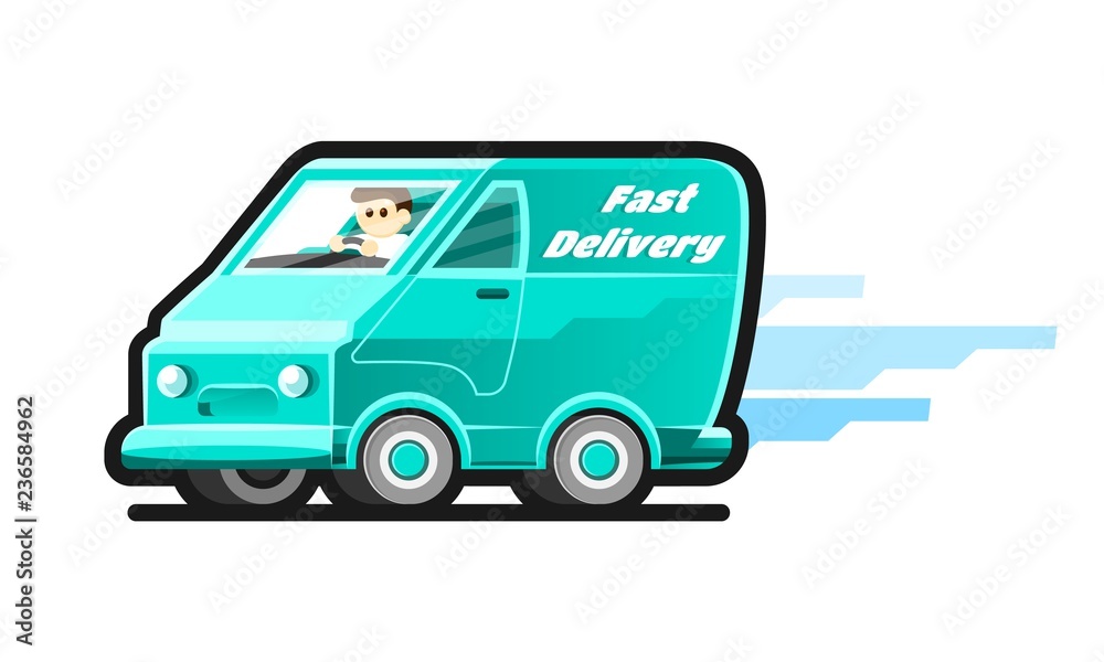 Fast delivery van with motion lines. The driver of the van deliver the goods to customers. Cartoon illustration Fast delivery van with motion lines. The driver of the van deliver the goods to customers. Cartoon illustration