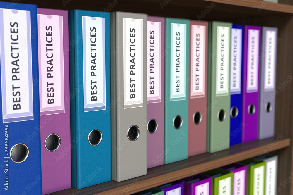 Office binders with BEST PRACTICES inscription. 3D rendering Office binders with BEST PRACTICES inscription. 3D rendering