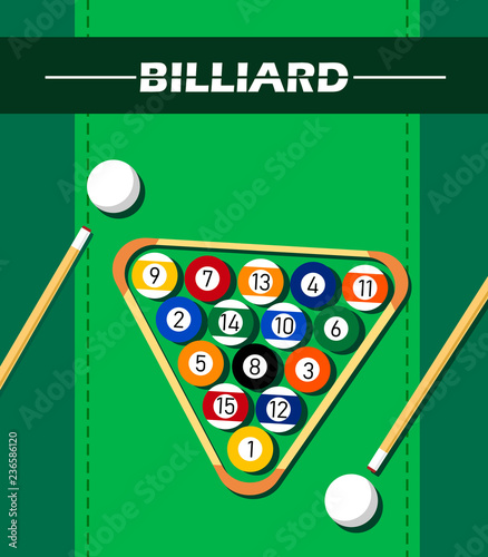 Illustration with billiards concept, on green background with balls, billiard cues and cue