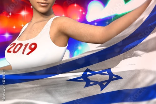 beautiful woman holds Israel flag in front on the party lights - Christmas and 2019 New Year flag concept 3d illustration