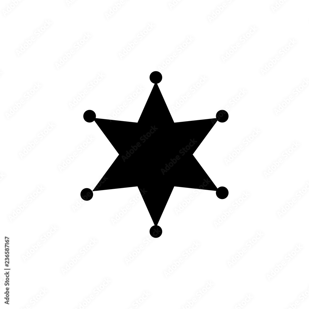 Sheriff star black symbol. Simple silhouette of six rays star with ...