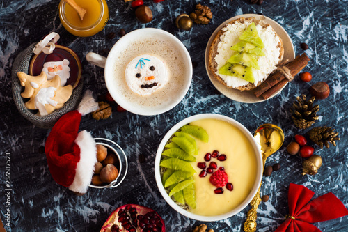 holiday breakfast, christmas or new year background with food 