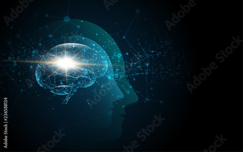 Brain inside head of human artificial intelligence digital wireframe dot vector illustration