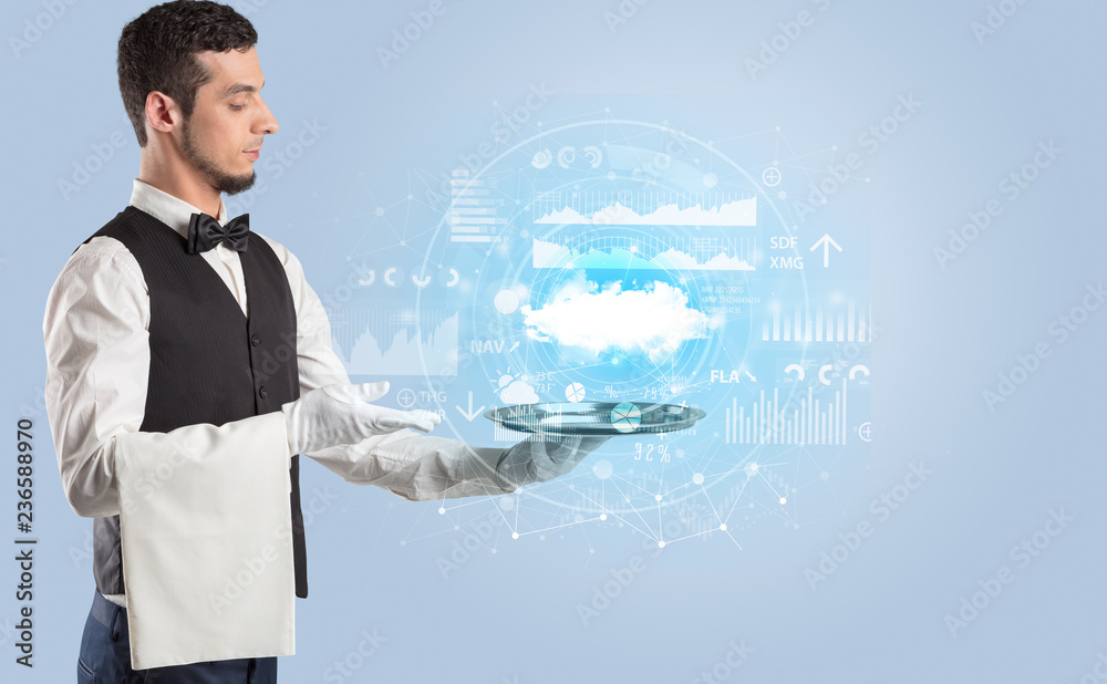 Elegant young waiter serving cloud technology concept
