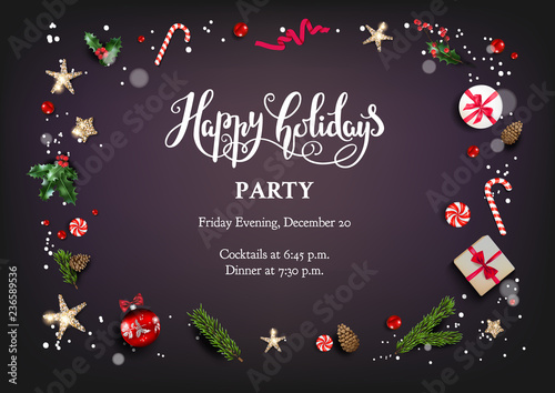 Holiday card with Christmas decorations and balls, stars, gift boxes, fir tree branches on dark background. Christmas festive template.