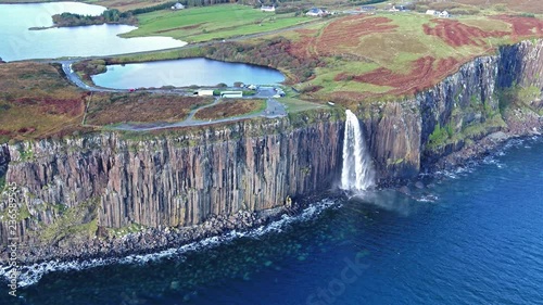 Aerial view of the dramatic coastline at the cliffs by Staffin with the famous Kilt Rock waterfall - Isle of Skye - Scotland