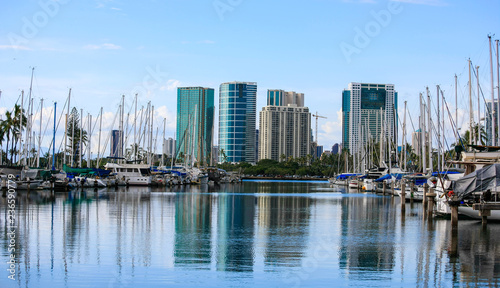 Ala Wai Boat Harbor filled with many small boats near Waikiki, Hawaii