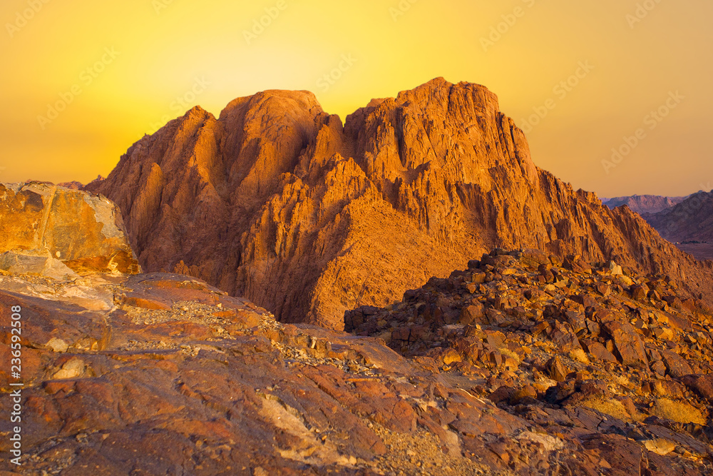 Amazing sunrise at Sinai Mountain, beautiful dawn in Egypt, Moses mountain	