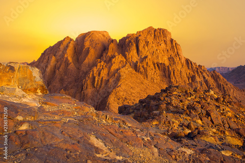 Amazing sunrise at Sinai Mountain, beautiful dawn in Egypt, Moses mountain 