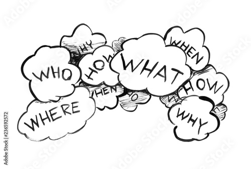 Black brush and ink artistic rough hand drawing of group of speech bubbles or text balloons with question.