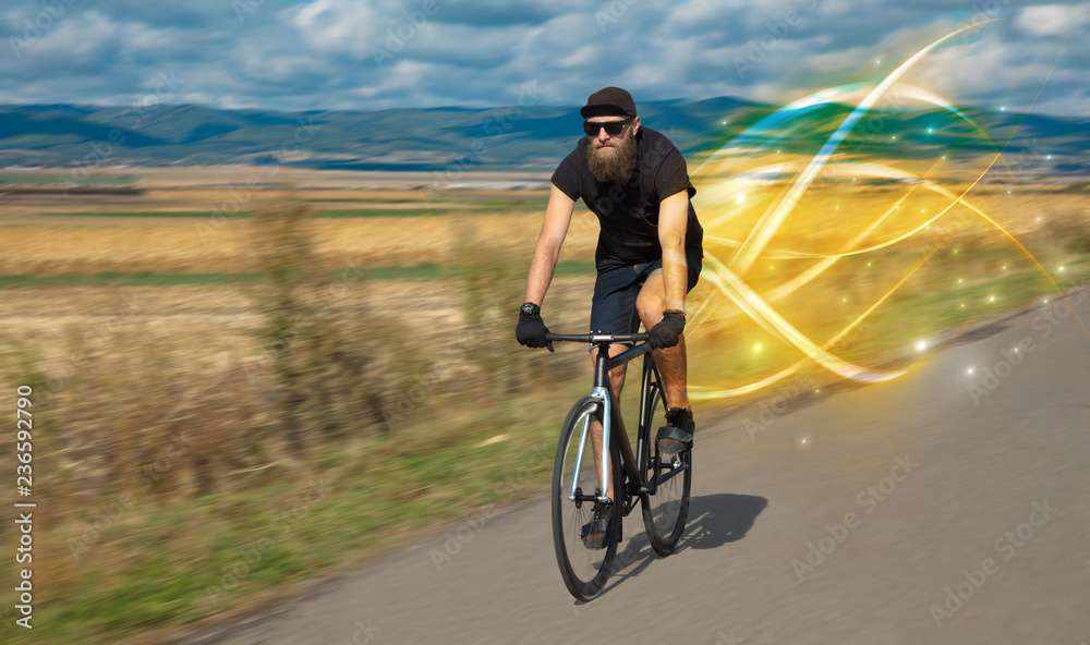 Young cyclist riding bicycle with magical landscape and concept