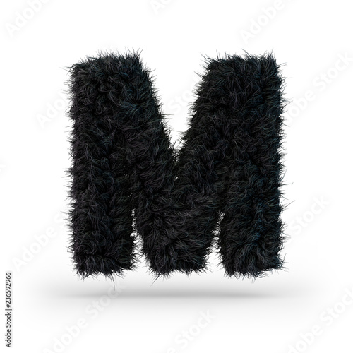 Uppercase fluffy and furry black font. Letter M. 3D