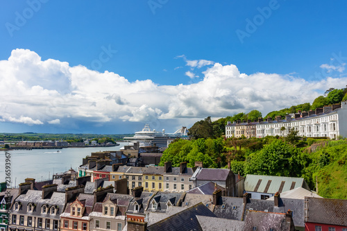 Aerial view of the estuary of the river Lee, from the city of Cobh, where transanlantics run photo