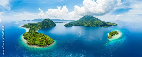 Obraz  z motywem Aerial view Banda Islands Moluccas archipelago Indonesia, Pulau Gunung Api, lava flows, coral reef white sand beach. Top travel tourist destination, best diving snorkeling.