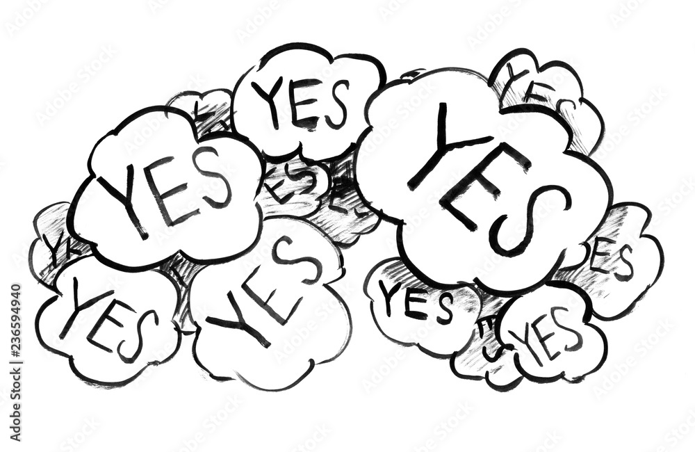 Black brush and ink artistic rough hand drawing of group of speech