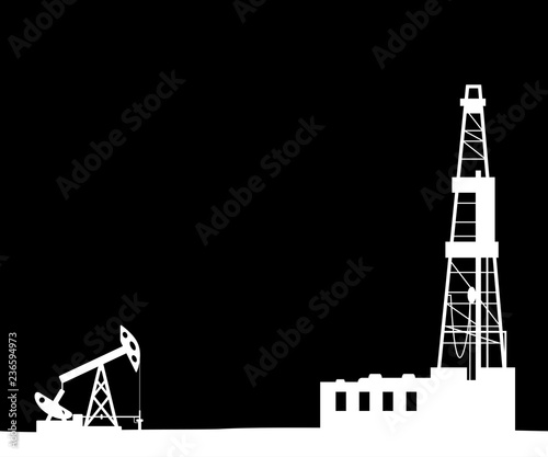 Silhouette of drilling rig and pump.