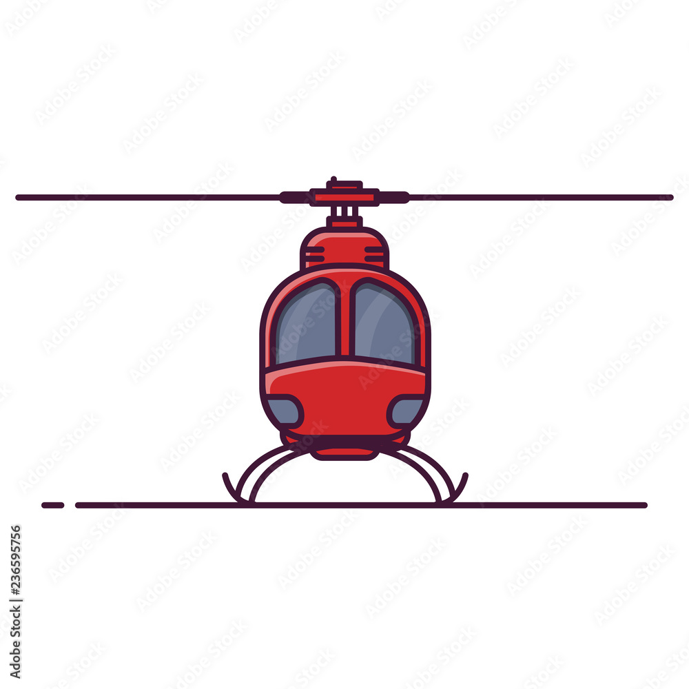 Front view of red city helicopter. Line style vector illustration. Air city transport banner. Modern helicopter with rotor. Small chopper concept. Military or civil aircraft. Front view of red city helicopter. Line style vector illustration. Air city transport banner. Modern helicopter with rotor. Small chopper concept. Military or civil aircraft.