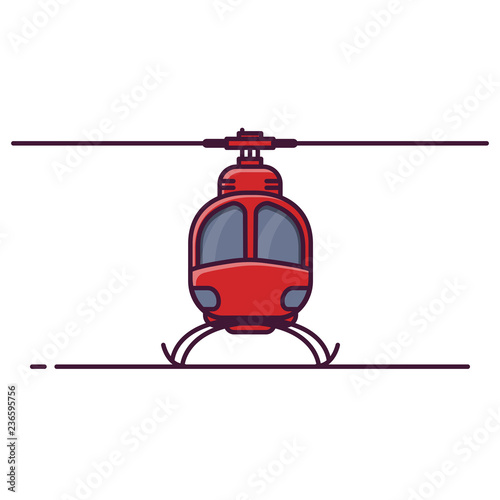 Front view of red city helicopter. Line style vector illustration. Air city transport banner. Modern helicopter with rotor. Small chopper concept. Military or civil aircraft.