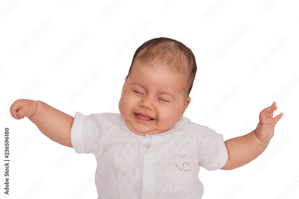 happy baby lying hands wide open, isolate on white, close-up, day happy baby lying hands wide open, isolate on white, close-up, day