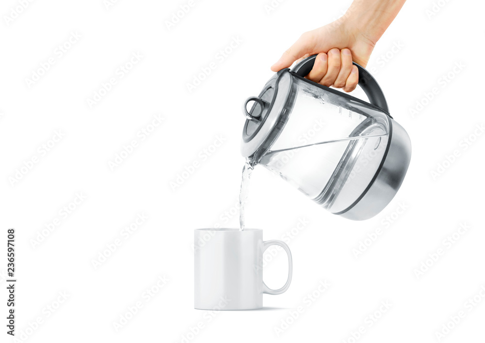 Blank white ceramic mug with hot teapot mock up, isolated Blank white ceramic mug with hot teapot mock up, isolated