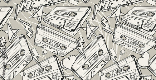 Audio cassettes drawn seamless pattern