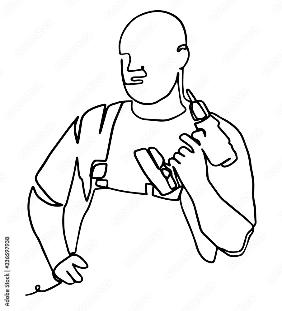 building, renovation, technology, electricity and people concept - builder with screwdriver. illustration isolated on white background. Continuous line drawing. Vector monochrome, drawing by lines building, renovation, technology, electricity and people concept - builder with screwdriver. illustration isolated on white background. Continuous line drawing. Vector monochrome, drawing by lines
