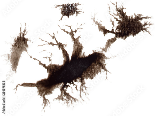 Black watercolor ink blots, splashes, spray texture isolated on white background. Tree with roots.