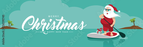 Merry Christmas banner with Cartoon Santa Claus on his stand up paddle board in the tropics. Eps10 vector illustration.