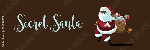 Secret Santa design with Cartoon Santa Claus delivering gifts while tiptoeing in front of a house decorated for Christmas. Eps10 vector illustration.