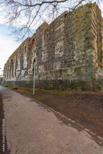 Close-up to the Kaiserpfalz , from River Rhine six meters thick west front of the palace despite destruction still has a width of 50 meters and a height of 14 meters ,Duesseldorf ,Germany © Manninx