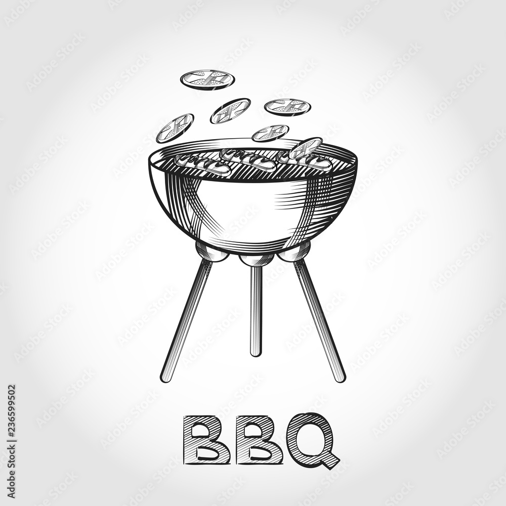 Bbq vector hand drawn set. Grilled meat,chicken, shrimp, burger, french  fries for barbecue party. Grill set for bbq, barbecue sausage picnic drawing.  Stock Vector | Adobe Stock