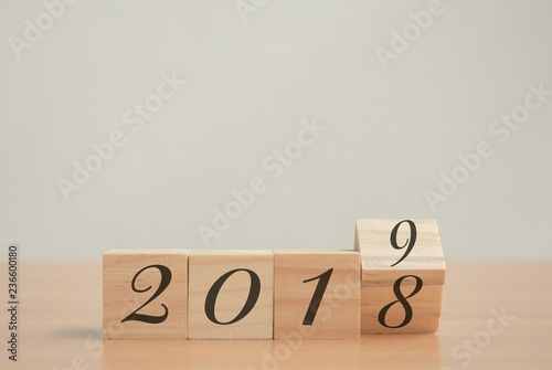2018 change to 2019 on wooden cubes with copy space. 