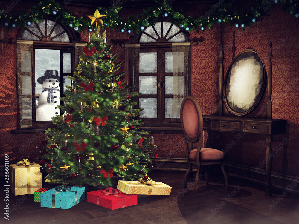 Vintage bedroom with a dresser, Christmas tree, garlands and colorful presents. 3D render.