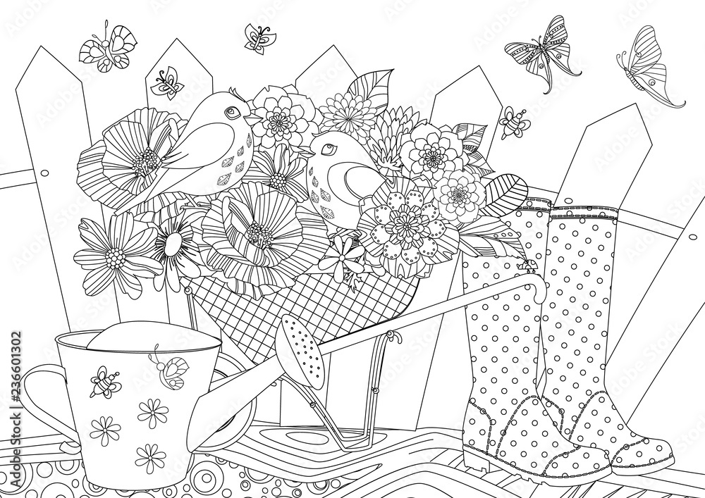 Fototapeta premium rustic landscape with blossom gardening equipment and pretty birds in for your coloring book