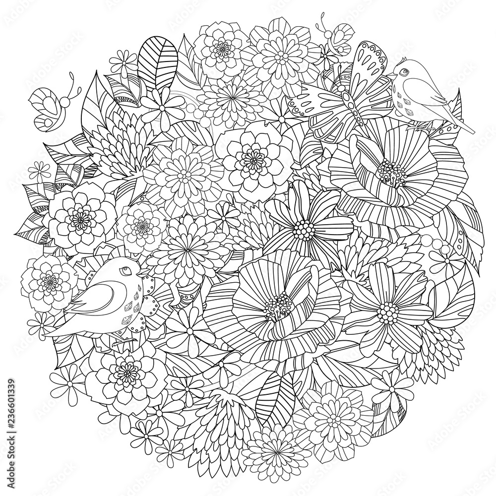 round frame with birds in fancy flowers for your coloring book