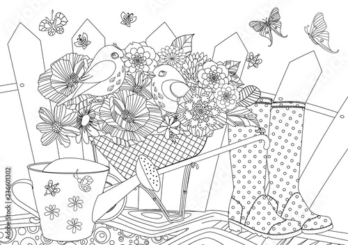 rustic landscape with blossom gardening equipment and pretty birds in for your coloring book
