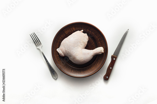 Raw chicken on white background, top view, flat lay
