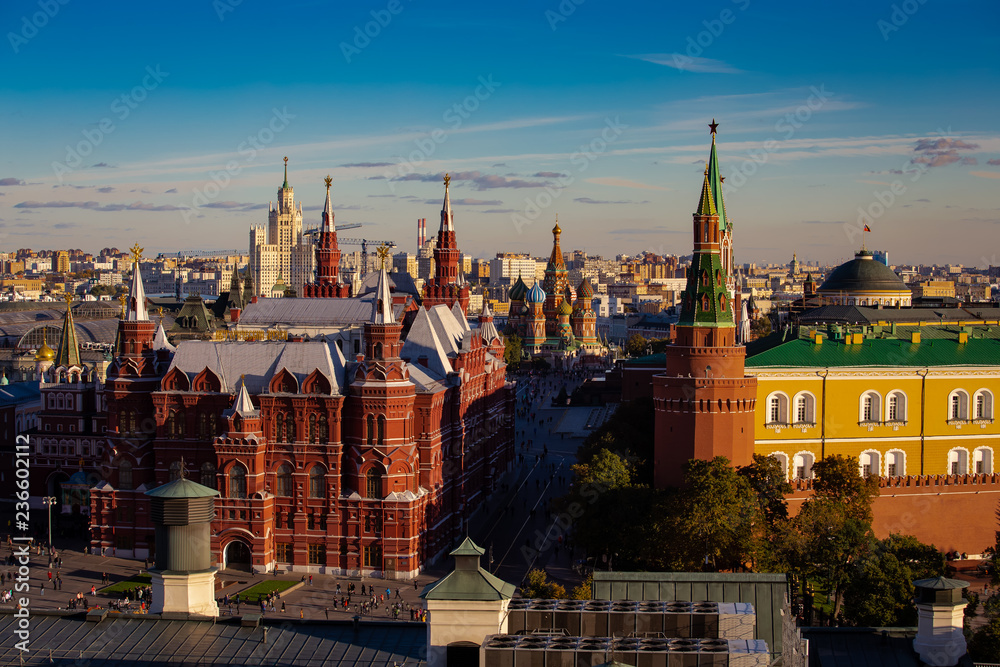 Evening  sunset in a Panoramic view of the Red Square with Moscow Kremlin and St Basil's Cathedral in the twilight sky, Moscow, Russia