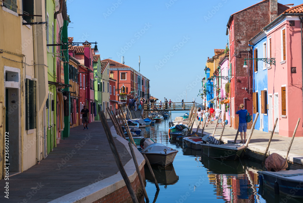 Island Murano in Venice Italy, view of canal with boats