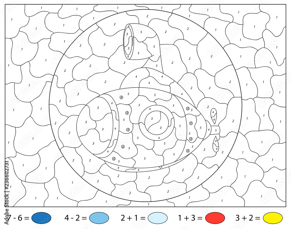 Cartoon submarine. Addition and subtraction tasks. Color by number ...