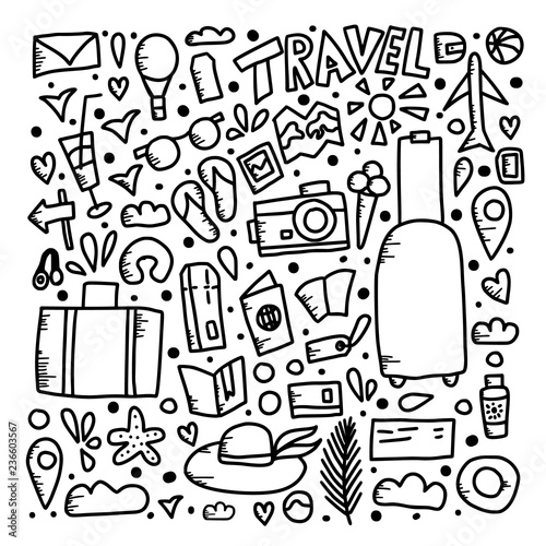 Set of travel doodle symbols in vector.