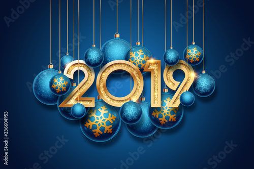 Creative, new design Blue, Golden 2019 New Year background with christmas balls. Festive glittering decoration. Greeting card .. Happy new year. Merry Christmas.