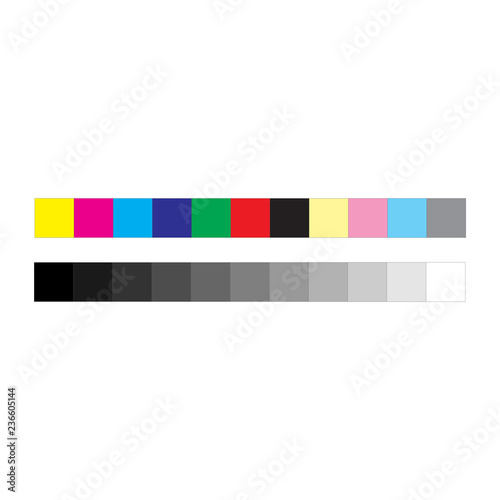 CMYK press marks color and greyscale bar, vector illustration isolated on white background.