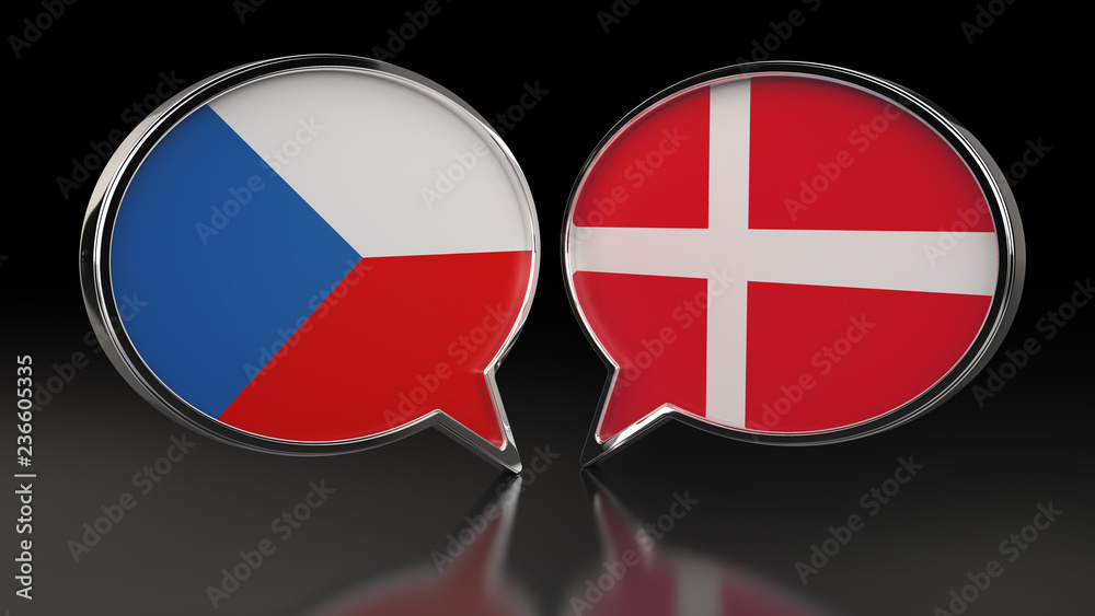 Czech Republic and Denmark flags with Speech Bubbles. 3D illustration Czech Republic and Denmark flags with Speech Bubbles. 3D illustration