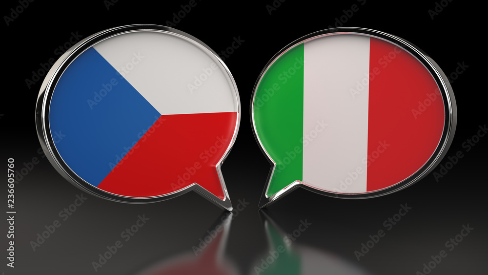 Czech Republic and Italy flags with Speech Bubbles. 3D illustration