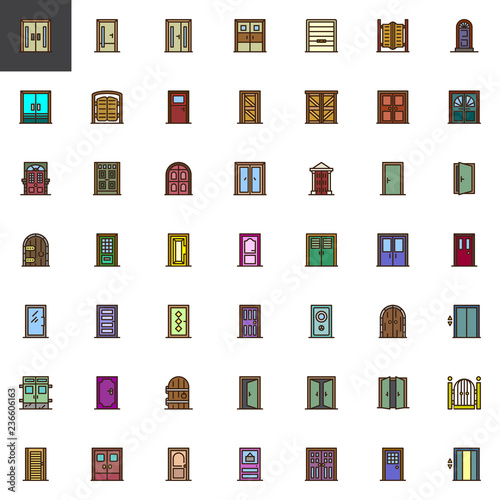 Types of Doors filled outline icons set, line vector symbol collection linear colorful pictogram pack. Signs, logo illustration Set includes icons as Office door, Elevator entrance gate Double doorway