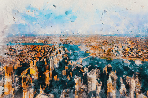 Aerial view of New York City with a view of the Brooklyn and Manhattan Bridges watercolor painting