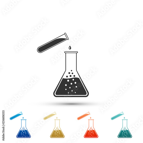 Test tube and flask - chemical laboratory test icon isolated on white background. Laboratory glassware sign. Set elements in colored icons. Flat design. Vector Illustration