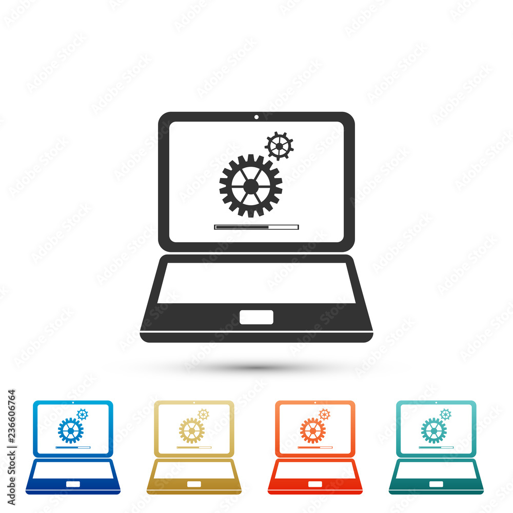 Laptop update process with gearbox progress and loading bar icon isolated on white background. System software update. Loading process in laptop screen. Colored icons. Flat design. Vector Illustration