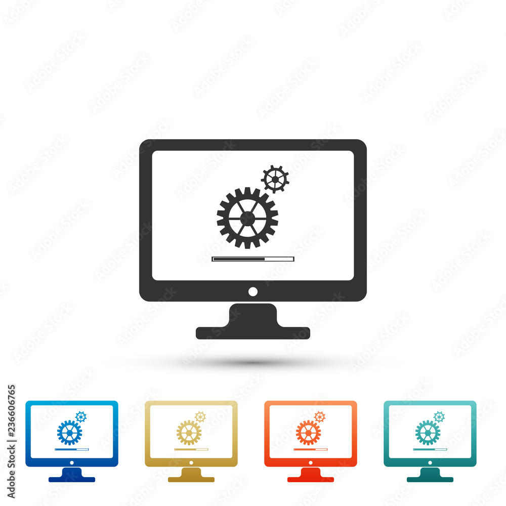 Monitor update process with gearbox progress and loading bar icon isolated on white background. Computer display. System software update. Loading process in monitor screen. Vector Illustration Monitor update process with gearbox progress and loading bar icon isolated on white background. Computer display. System software update. Loading process in monitor screen. Vector Illustration